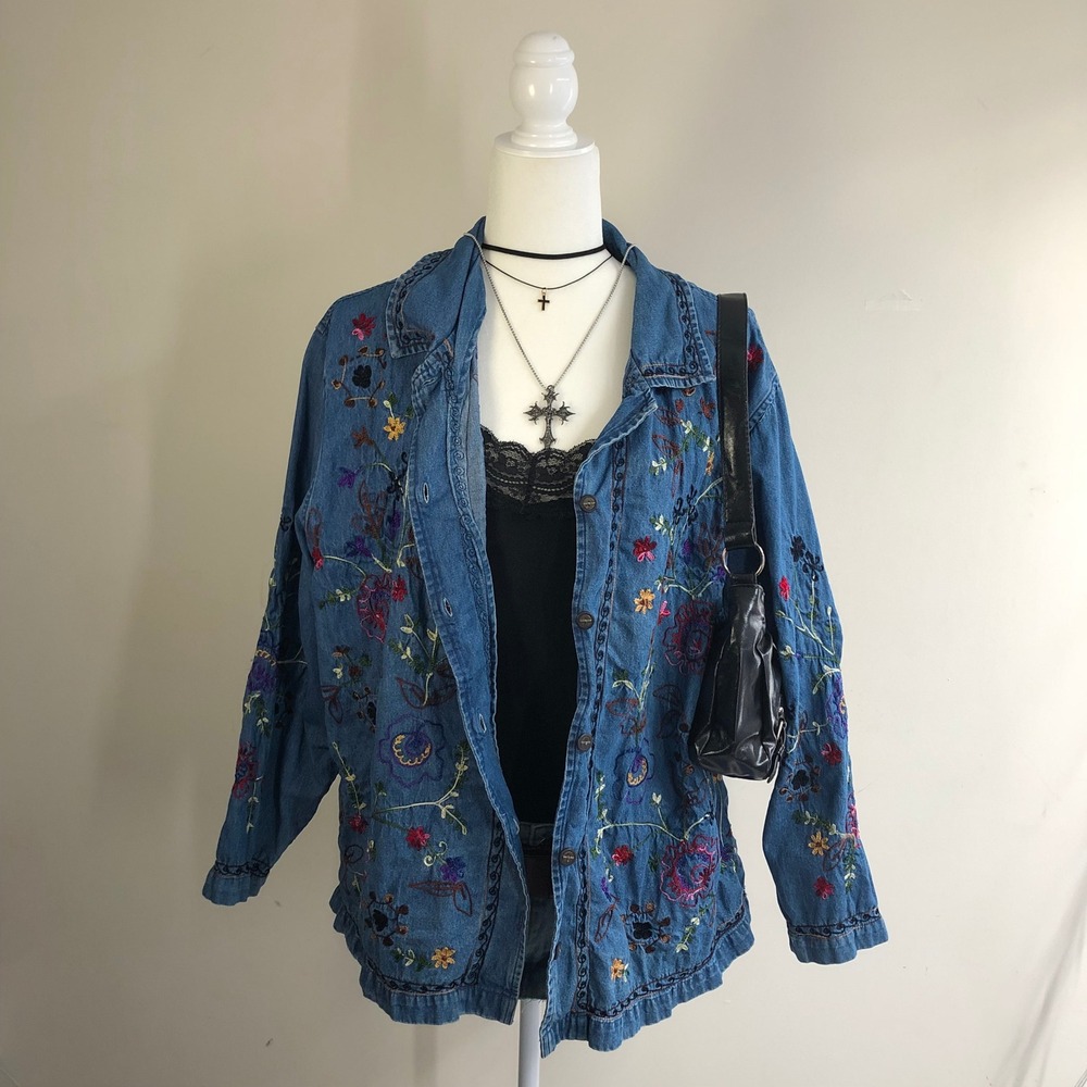 Vintage 90s Floral Embroidered Denim Jacket Shirt Boho Y2K Womens 2X XL L